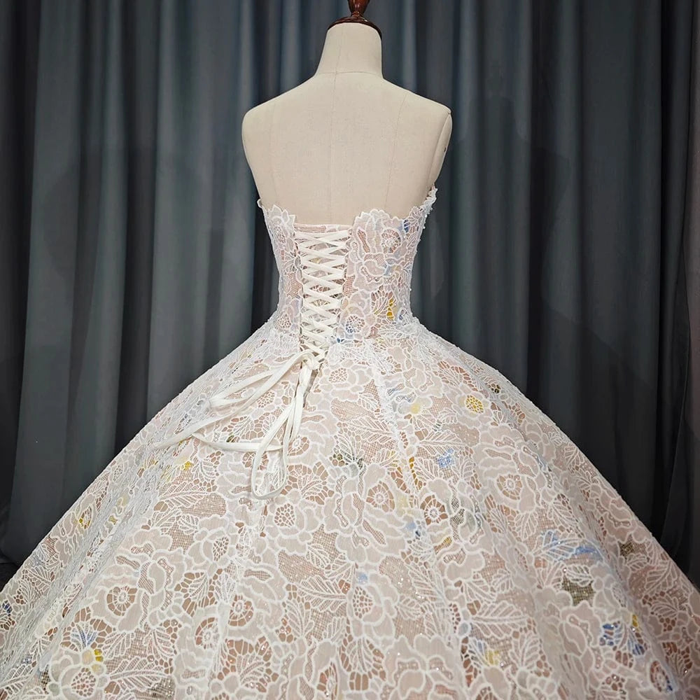 Gorgeous Champagne Evening Dresses Ball Gown Scoop Neck Appliques Lace Ruffle Cathedral Train 6711