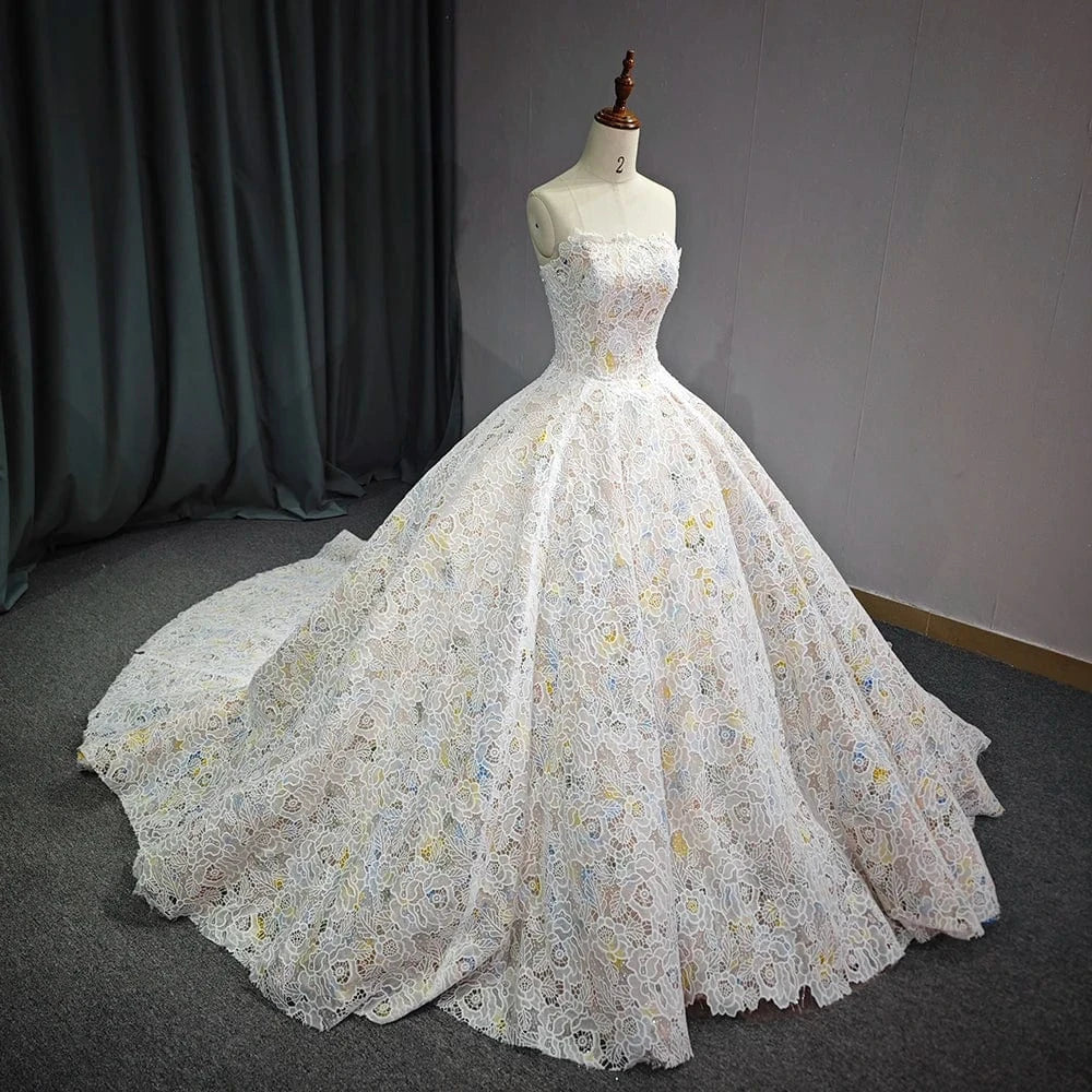 Gorgeous Champagne Evening Dresses Ball Gown Scoop Neck Appliques Lace Ruffle Cathedral Train 6711