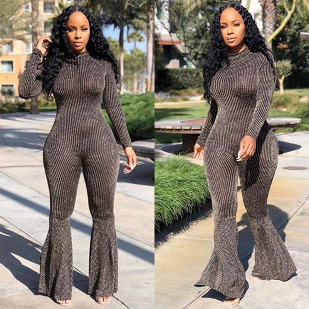 Gray Black Autumn Sexy Fashion Waist Tight-Fitting Striped Sequined Flared Jumpsuit Fall Womens Jumpsuits