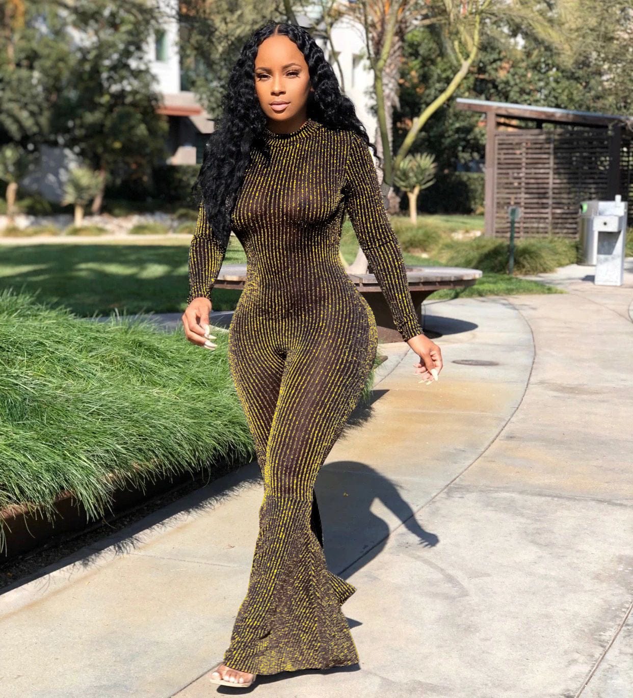 Gray Black Autumn Sexy Fashion Waist Tight-Fitting Striped Sequined Flared Jumpsuit Fall Womens Jumpsuits