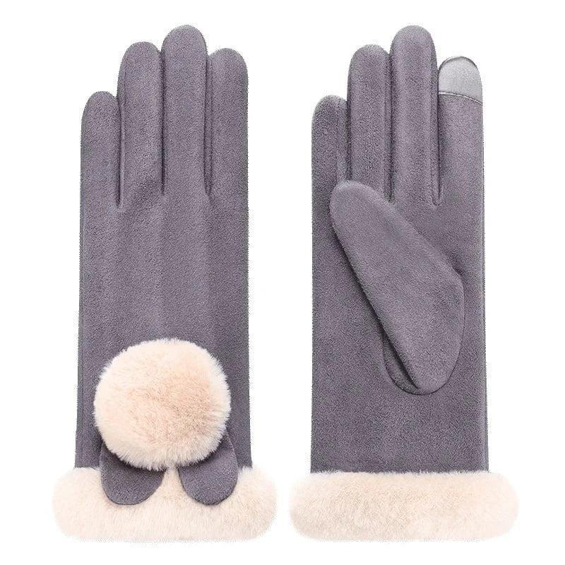 Gray Cheap lovely ball warm winter lady suede fabric fancy girls gloves touch screen