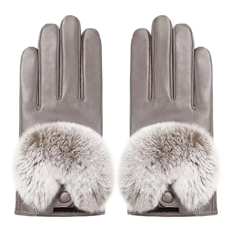 Gray Custom design texting winter women real leather rex rabbit fur gloves