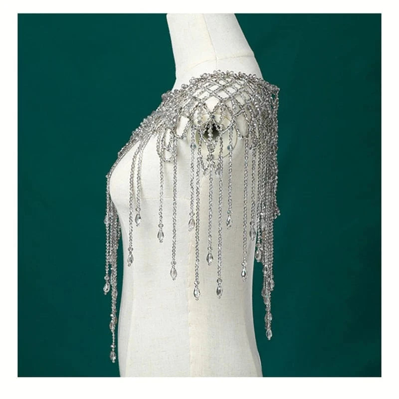 Gray Luxury Body Jewelry Tassel Wedding Bridal Elegant Shoulder Chain Necklace Gray Crystal Shawl Jewelry Summer Body Chain Jewelry