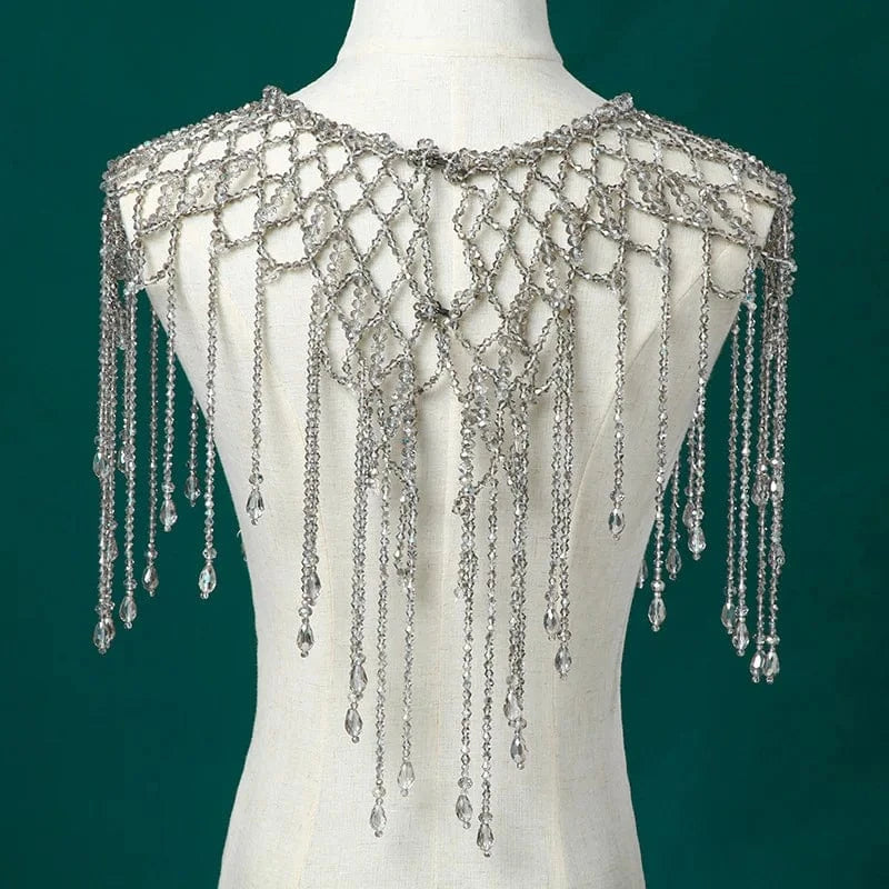 Gray Luxury Body Jewelry Tassel Wedding Bridal Elegant Shoulder Chain Necklace Gray Crystal Shawl Jewelry Summer Body Chain Jewelry