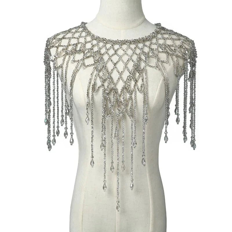 Gray Luxury Body Jewelry Tassel Wedding Bridal Elegant Shoulder Chain Necklace Gray Crystal Shawl Jewelry Summer Body Chain Jewelry