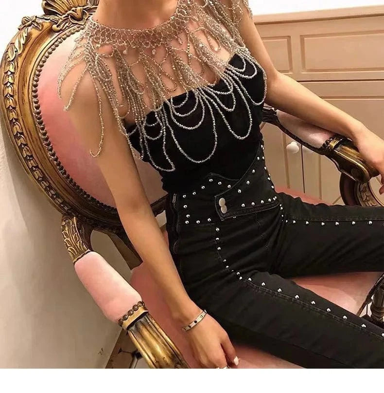 Gray Luxury Body Jewelry Tassel Wedding Bridal Elegant Shoulder Chain Necklace Gray Crystal Shawl Jewelry Summer Body Chain Jewelry