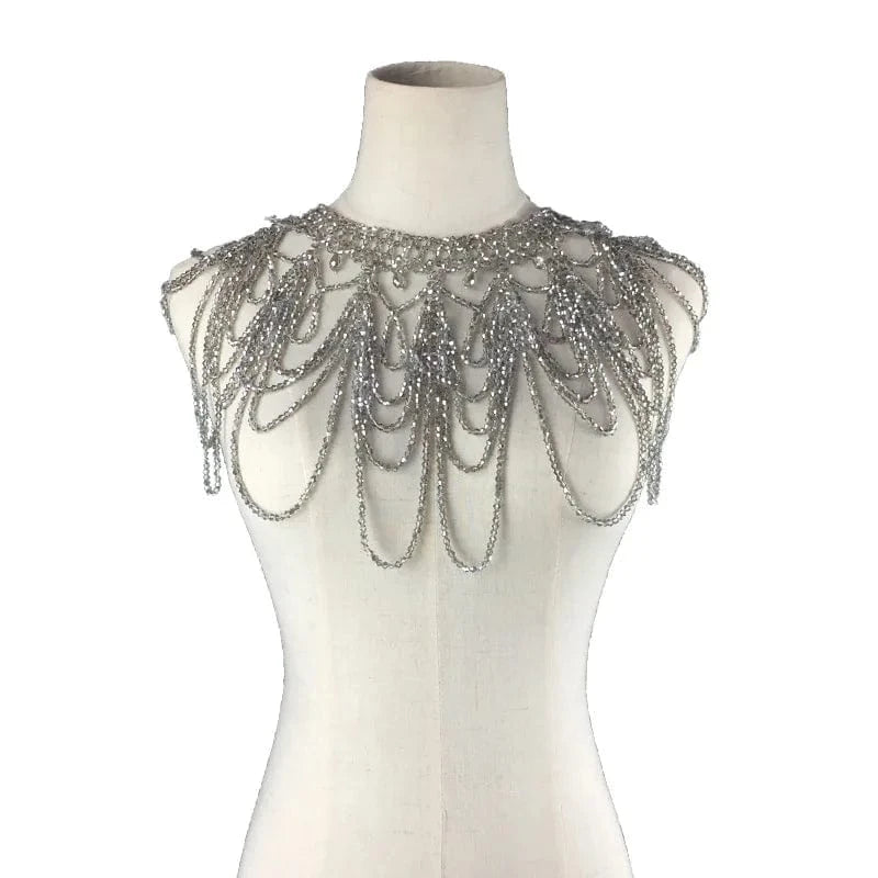 Gray Luxury Body Jewelry Tassel Wedding Bridal Elegant Shoulder Chain Necklace Gray Crystal Shawl Jewelry Summer Body Chain Jewelry