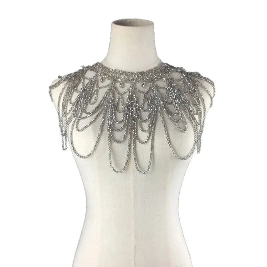 Gray Luxury Body Jewelry Tassel Wedding Bridal Elegant Shoulder Chain Necklace Gray Crystal Shawl Jewelry Summer Body Chain Jewelry