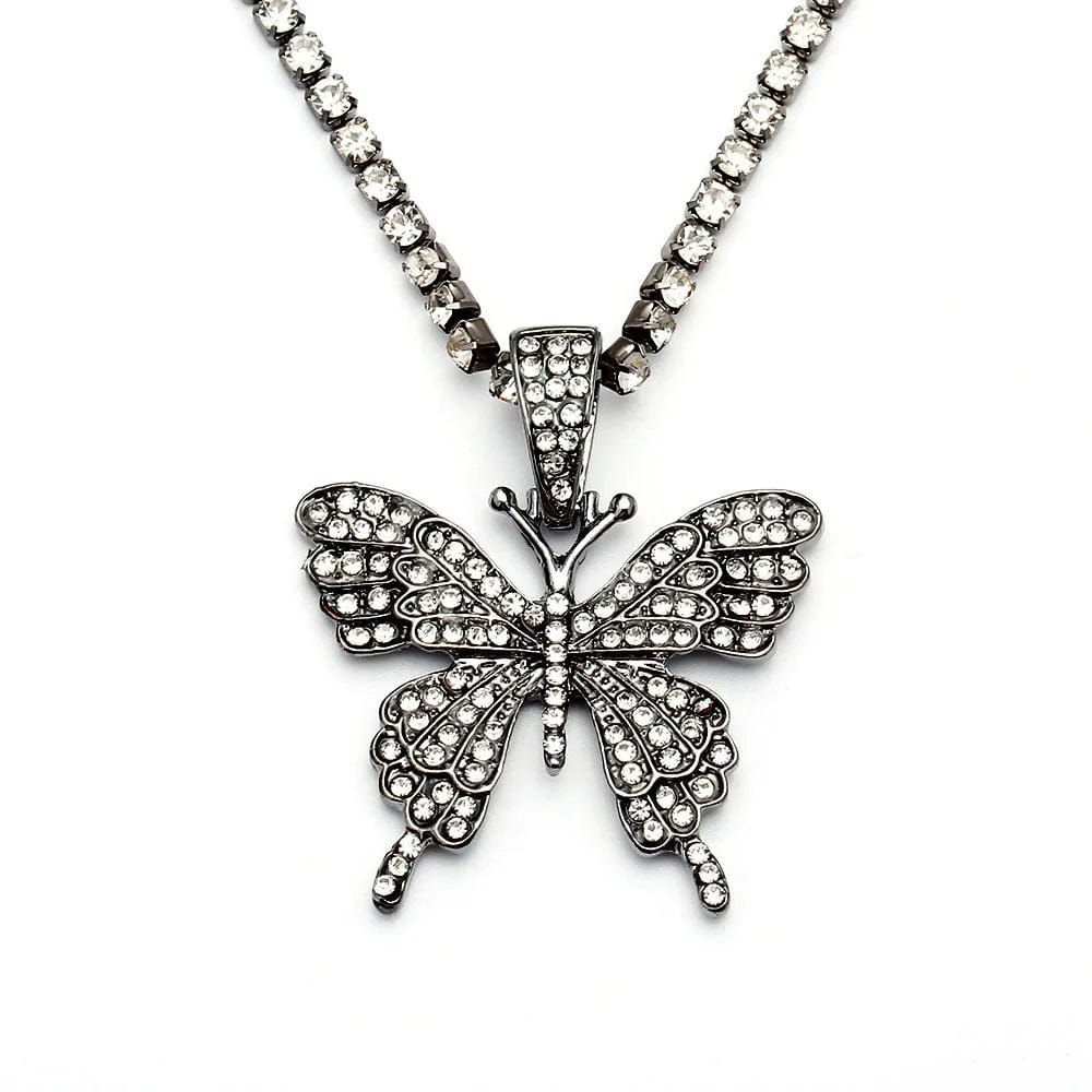 Gray Men Women Fully Iced Out Lab 3D Diamond Butterfly Pendant Necklace With Tennis Chian Cheap Wholesale