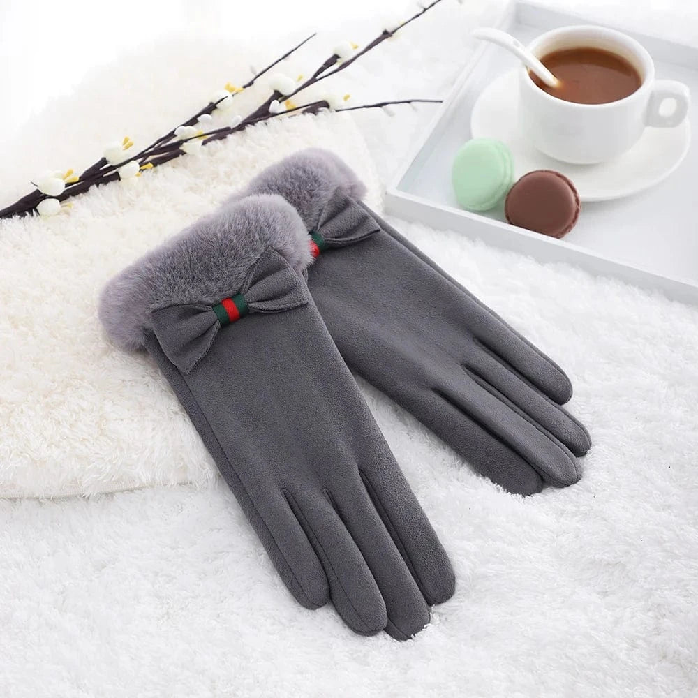 Gray Outdoor cute bow comfortable lining winter windproof touch screen fashion gloves for women