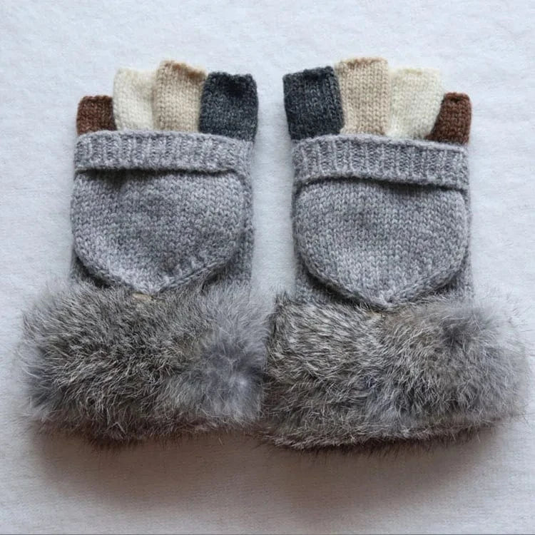 Gray Phone Touch Screen Cheap Wool Half Finger Fingerless Work Mitten Winter Fur Knit Mitten