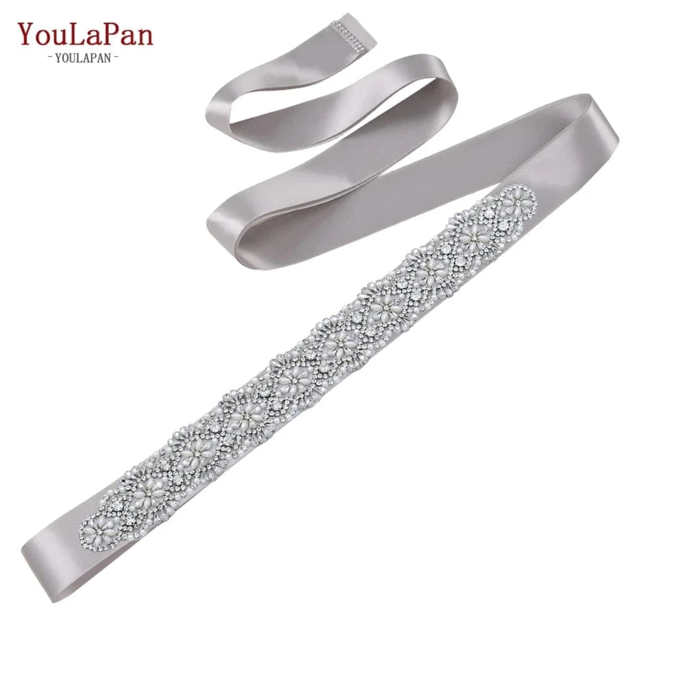 GRAY Ribbon YouLaPan S04C Rhinestone Party Dress Belt Luxury Bridal Sash Ribbon For Ladies Evening Dress Bridal Jewelry Belt
