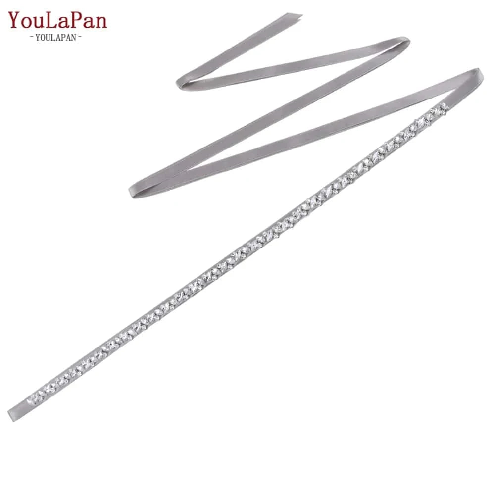 GRAY  Ribbon YouLaPan S404 Modern Design Hot Sale Women Dress Belt Silver Rhinestone Thin Belt Bridal Wedding Dress Waist Jewelry