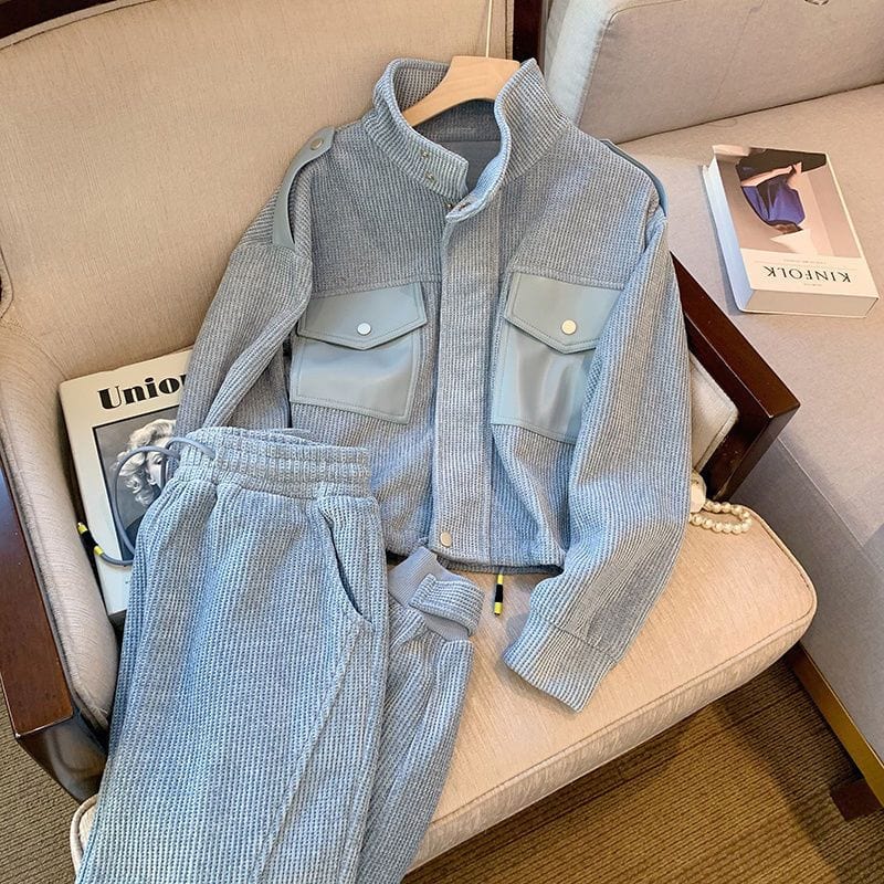 Gray sports casual suit women's retro foreign style thickened leggings two-piece set