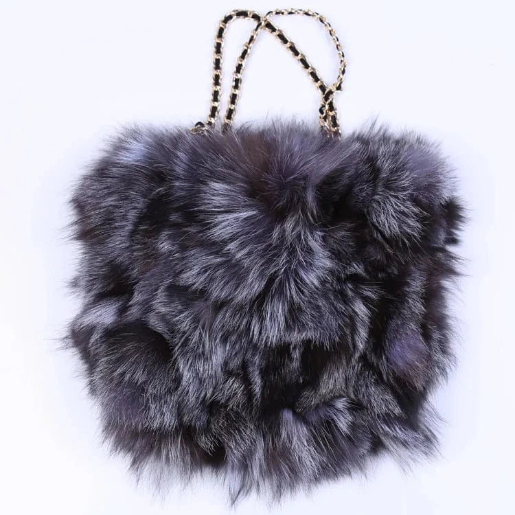 Gray Stocking Bag Small Fluffy Skull Charm Silver Shoulder Shopping Real Fur Handbag