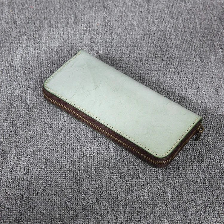 green 2023 New High-quality Leather Cowhide Men's and Women's Wallets Genuine Leather Long Portable Zipper Wallet Vintage Polyester