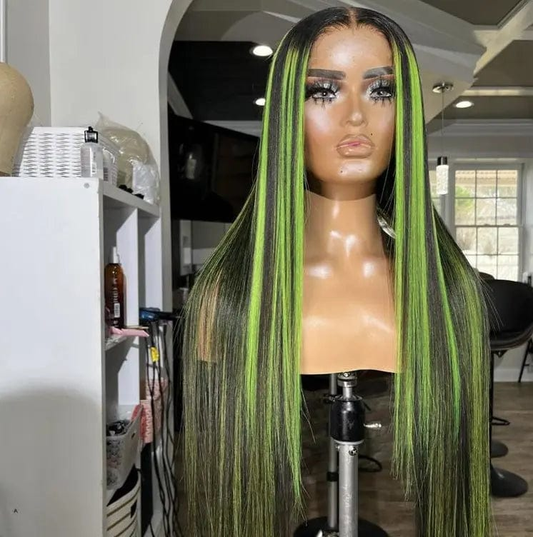 Green Color Highlight Silky Straight Hair Wigs