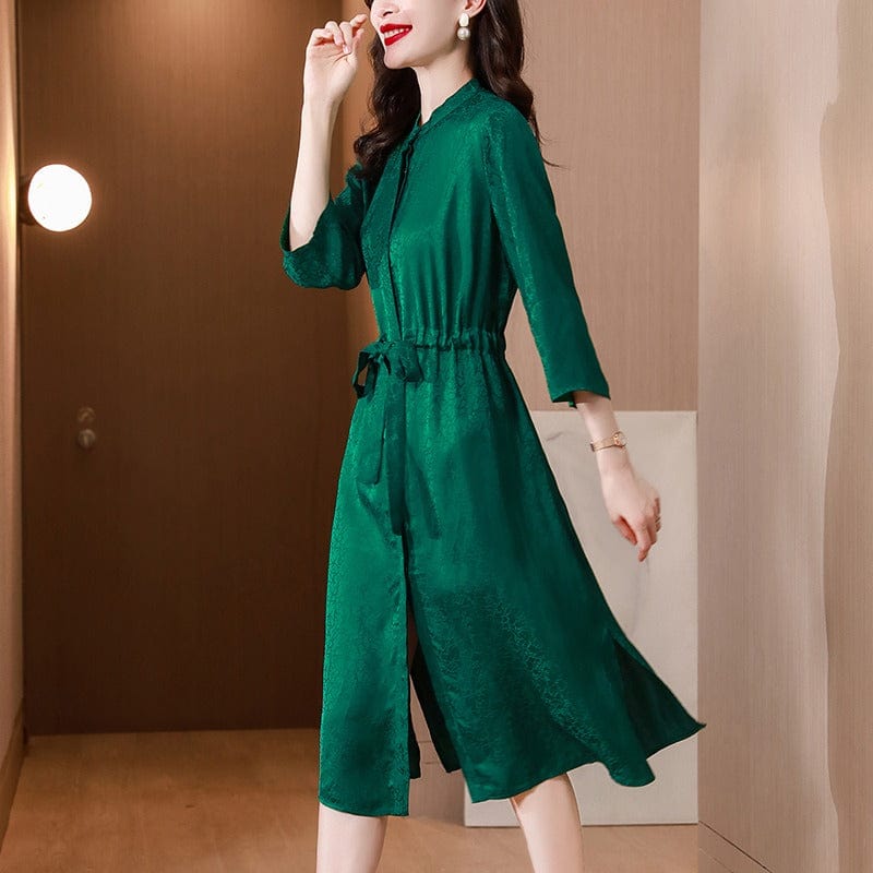 Green dress women's 2022 summer new temperament acetic acid jacquard straps waist mid-length skirt ES9077068