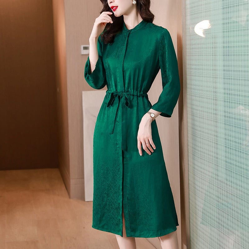 Green dress women's 2022 summer new temperament acetic acid jacquard straps waist mid-length skirt ES9077068