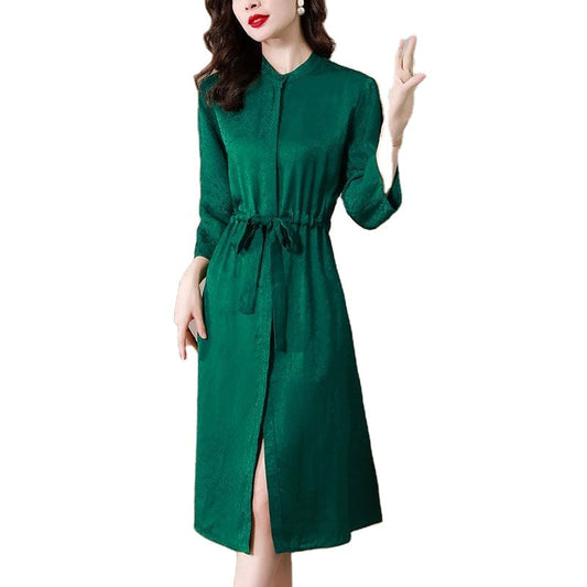 Green dress women's 2022 summer new temperament acetic acid jacquard straps waist mid-length skirt ES9077068