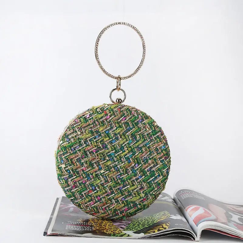 green Factory direct wholesale new style round evening bag weave fabric clutches crystal metal handle lady handbags for party banquet