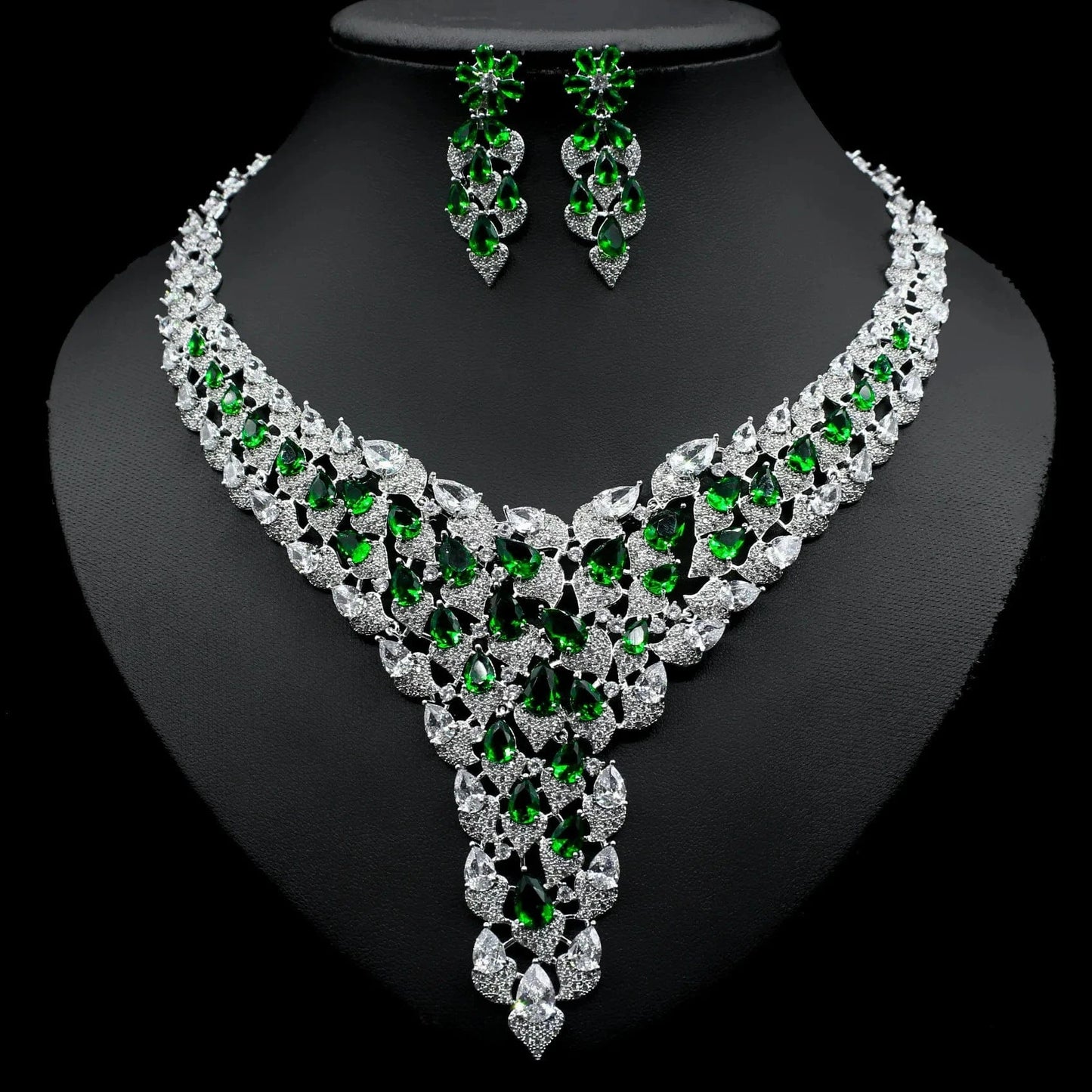green High Quality Inlay Full Zircon Jewelry Necklace Drop Earring Women Trendy Bridal Engagement Wedding Jewelry Set