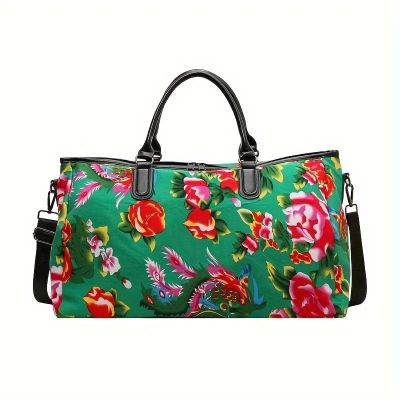 green Large Capacity Shoulder Weekender Bag Trendy Ethnic Style Flower Pattern Travel Duffel Bag