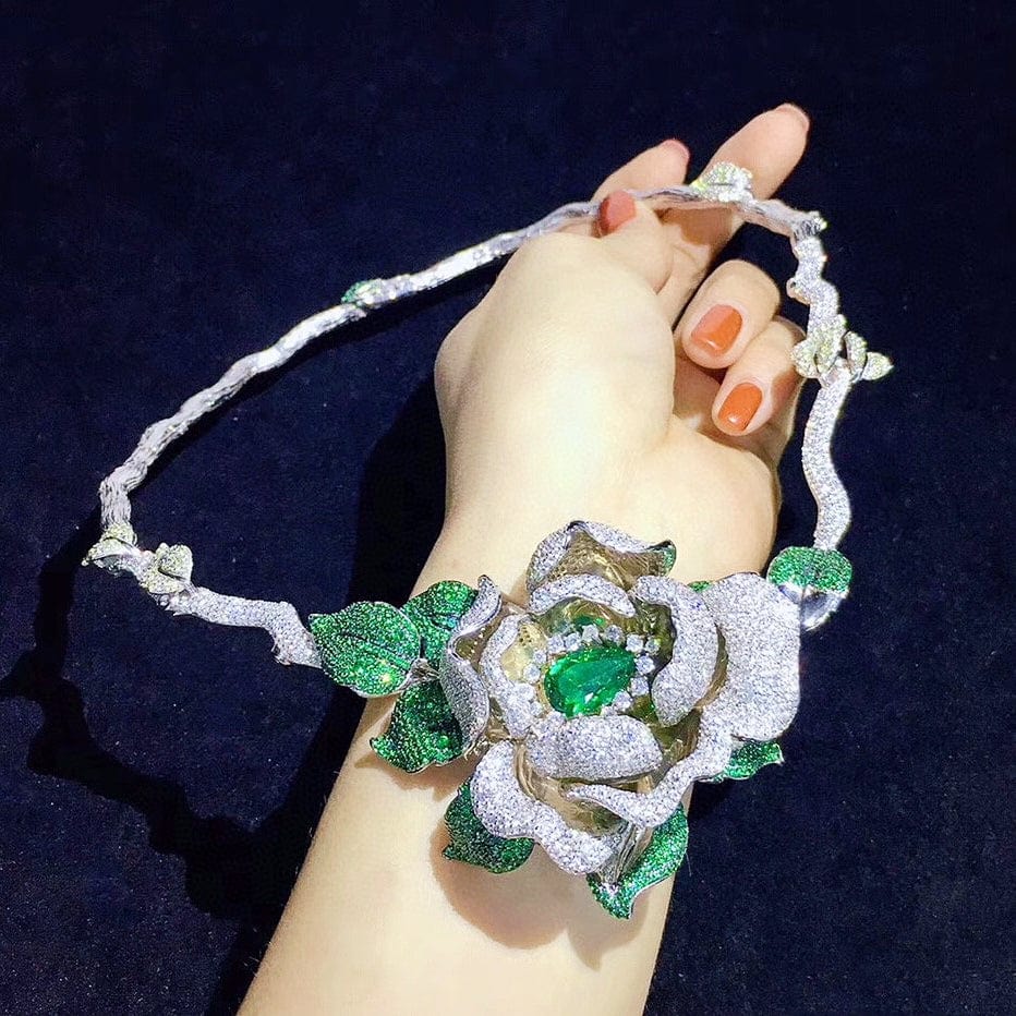 green luxury jewelry 925 silver green flower emerald cz micro pave women choker necklace