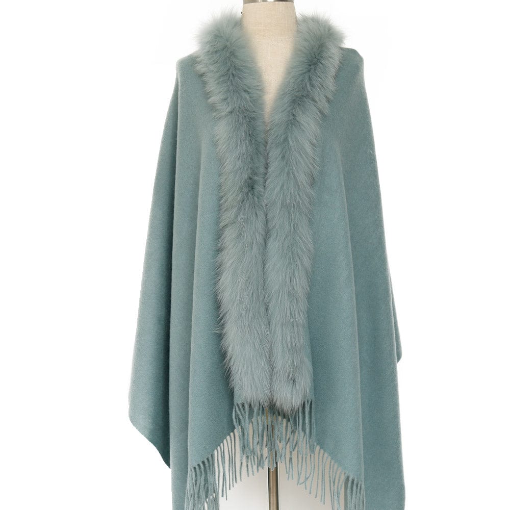 green Newest Design Classic Style Women Winter Woolen Cashmere Knit Shawl With Fur Tassel