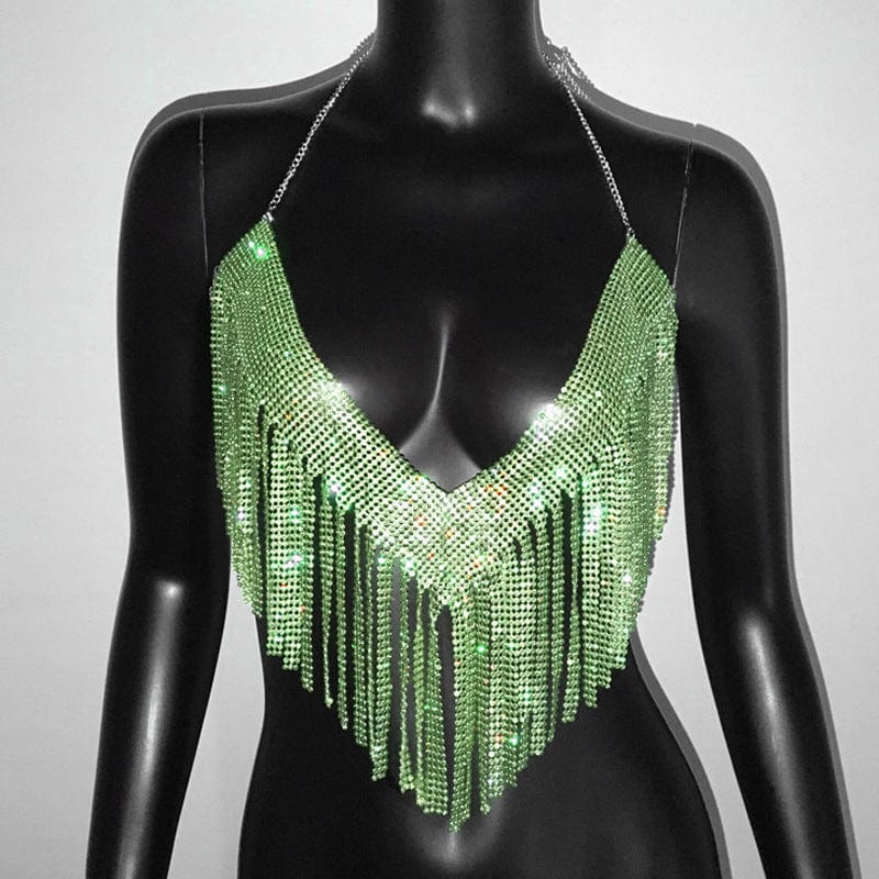 green / One size fit all SHIHAN 7 Colors New arrival diamante chainmail neck top bra body chain jewelry for women sparkle bras body jewelry
