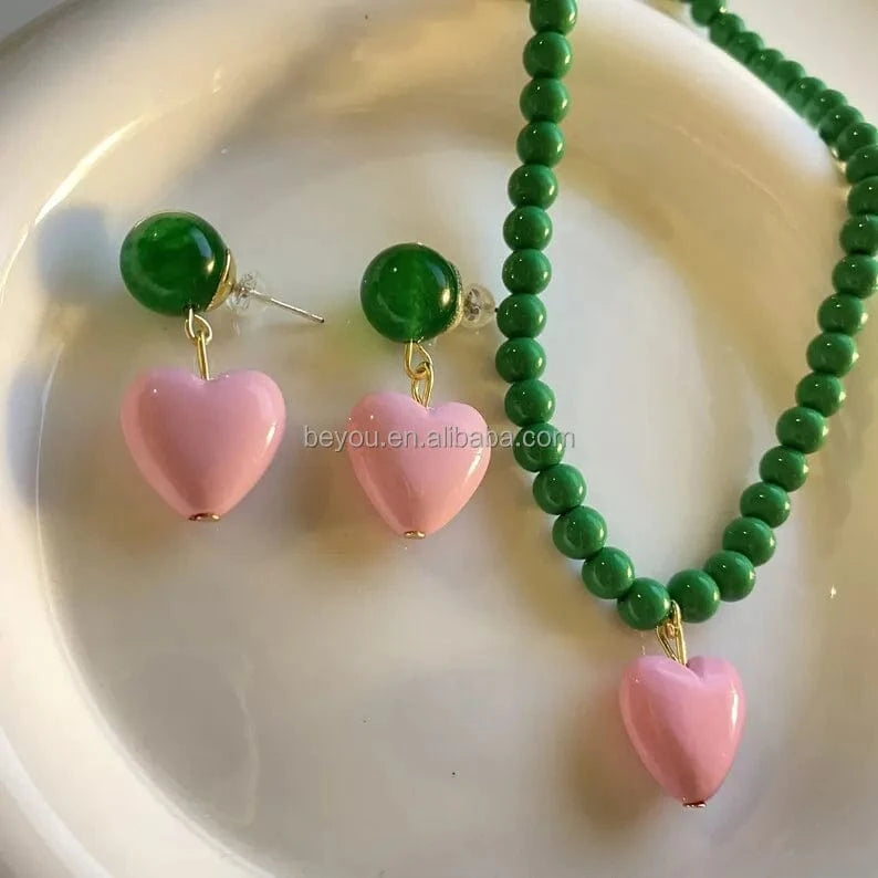 Green Pearl Pink Heart Double Necklace Set Light Luxury High-end Design Niche Clavicle Chain Trendy Decorative Necklace Jewelry