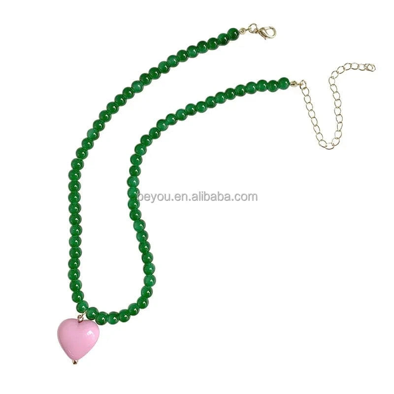 Green Pearl Pink Heart Double Necklace Set Light Luxury High-end Design Niche Clavicle Chain Trendy Decorative Necklace Jewelry