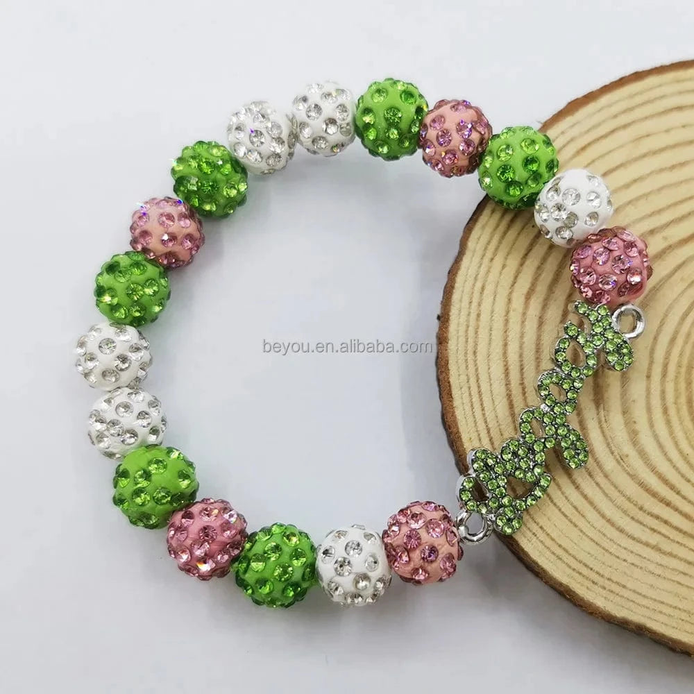Green Pink Greek Letter Finer Sorority Bling Rhinestones Legacy Bracelet Jewelry For Girl Women Gift