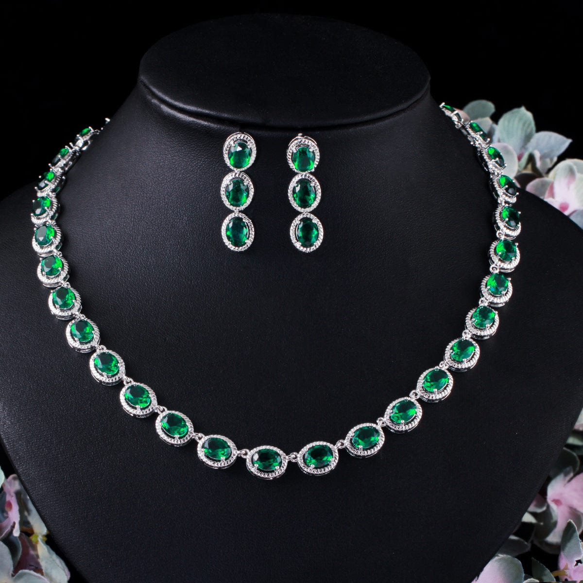 green popular stylish  oval cubic zircon necklace earrings jewelry set for women wedding christmas gift