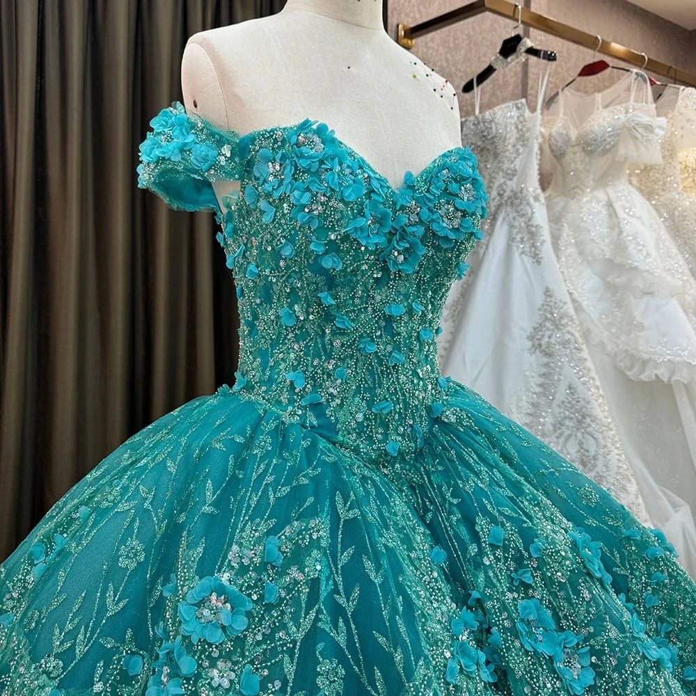 Green Quinceanera Dresses Beaded Handmade Sticker Embroidery Off The Shoulder Sweet 15 Party Prom Ball Gowns 6640-2
