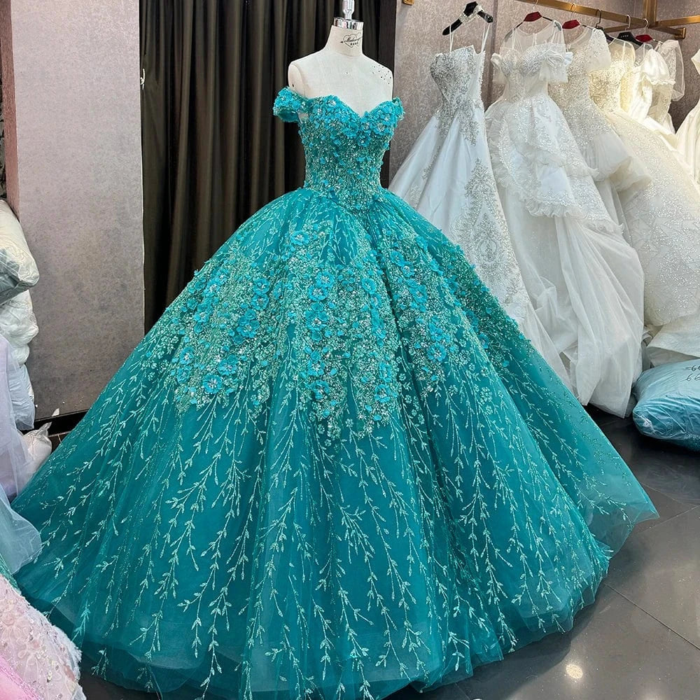 Green Quinceanera Dresses Beaded Handmade Sticker Embroidery Off The Shoulder Sweet 15 Party Prom Ball Gowns 6640-2