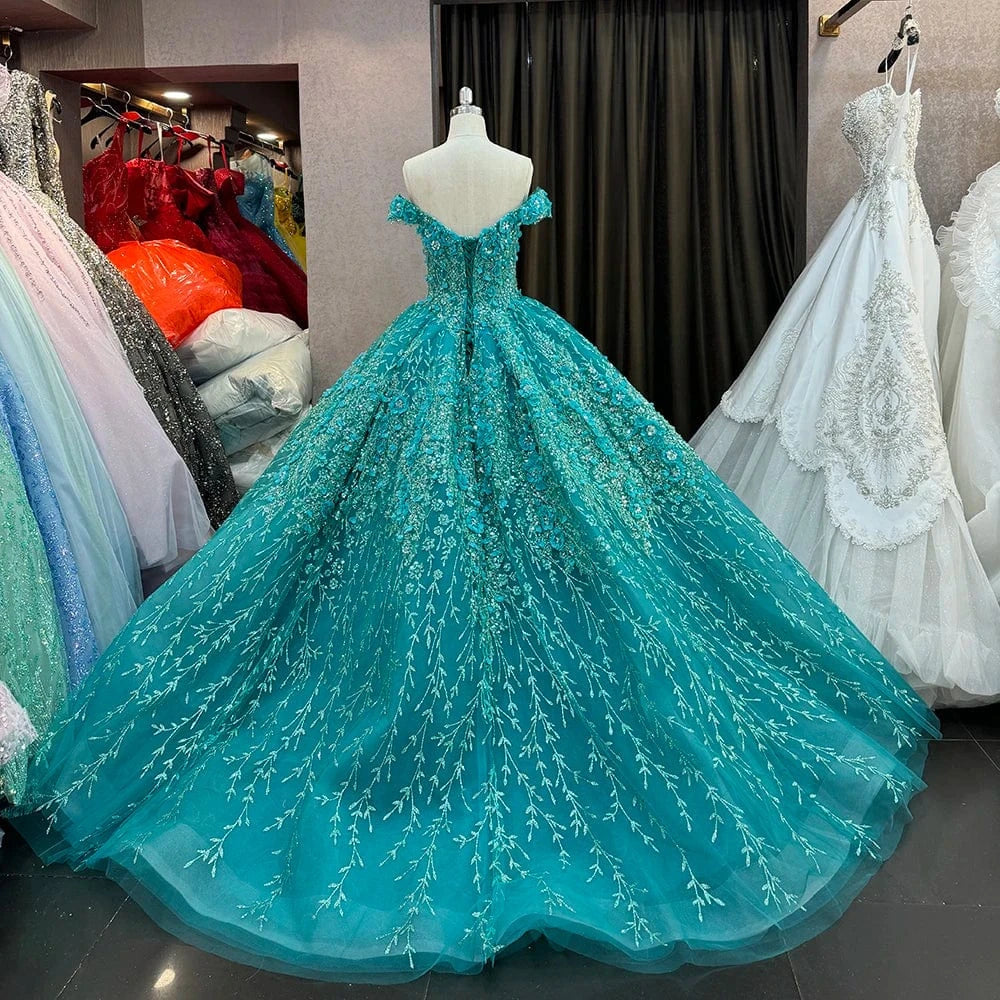 Green Quinceanera Dresses Beaded Handmade Sticker Embroidery Off The Shoulder Sweet 15 Party Prom Ball Gowns 6640-2