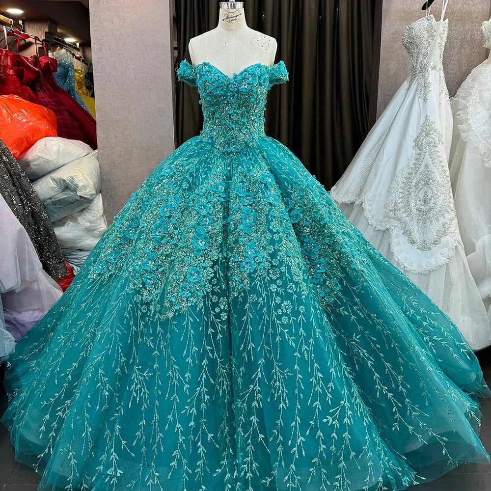 Green Quinceanera Dresses Beaded Handmade Sticker Embroidery Off The Shoulder Sweet 15 Party Prom Ball Gowns 6640-2