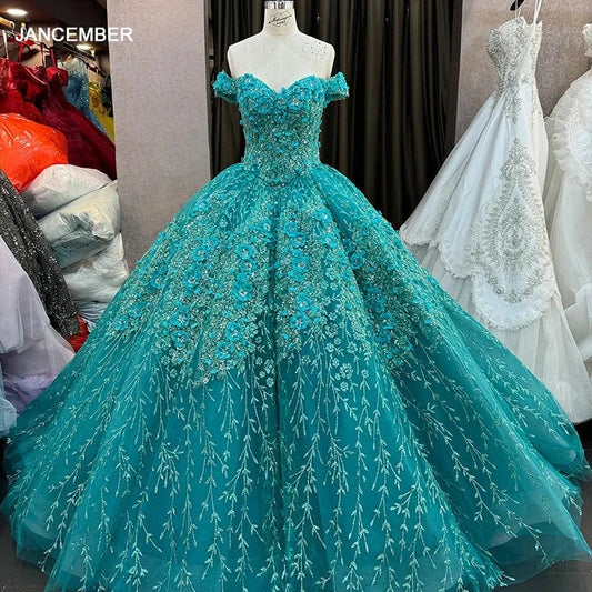 Green Quinceanera Dresses Beaded Handmade Sticker Embroidery Off The Shoulder Sweet 15 Party Prom Ball Gowns 6640-2