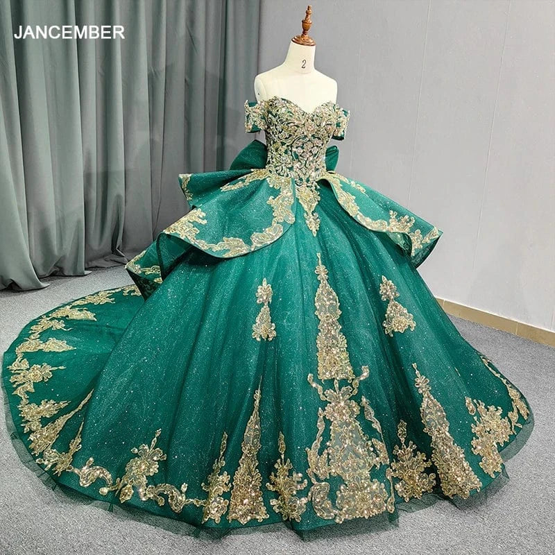 Green Sweet 15 16 Quinceanera Dresses Ball Gown Gold Lace Birthday Party Dresses 5841-1