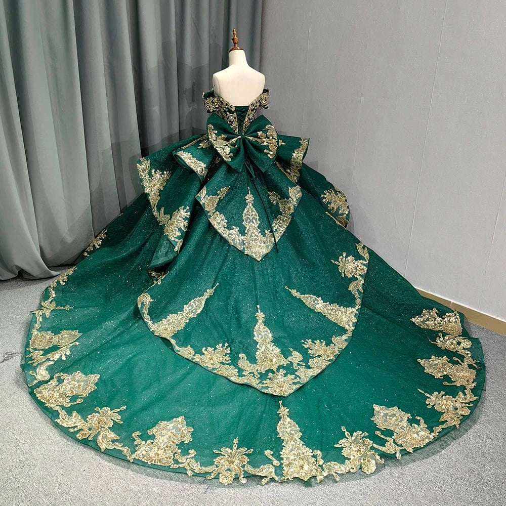Green Sweet 15 16 Quinceanera Dresses Ball Gown Gold Lace Birthday Party Dresses 5841-1