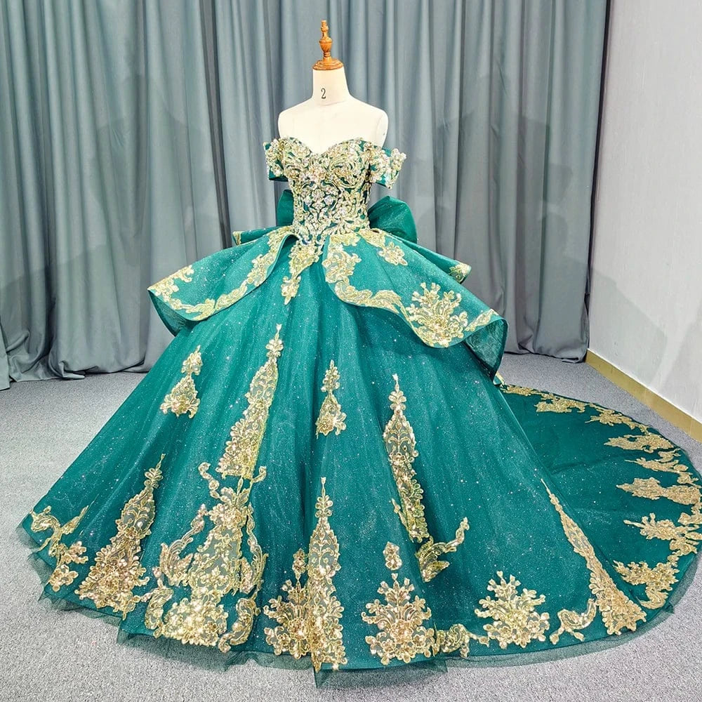 Green Sweet 15 16 Quinceanera Dresses Ball Gown Gold Lace Birthday Party Dresses 5841-1