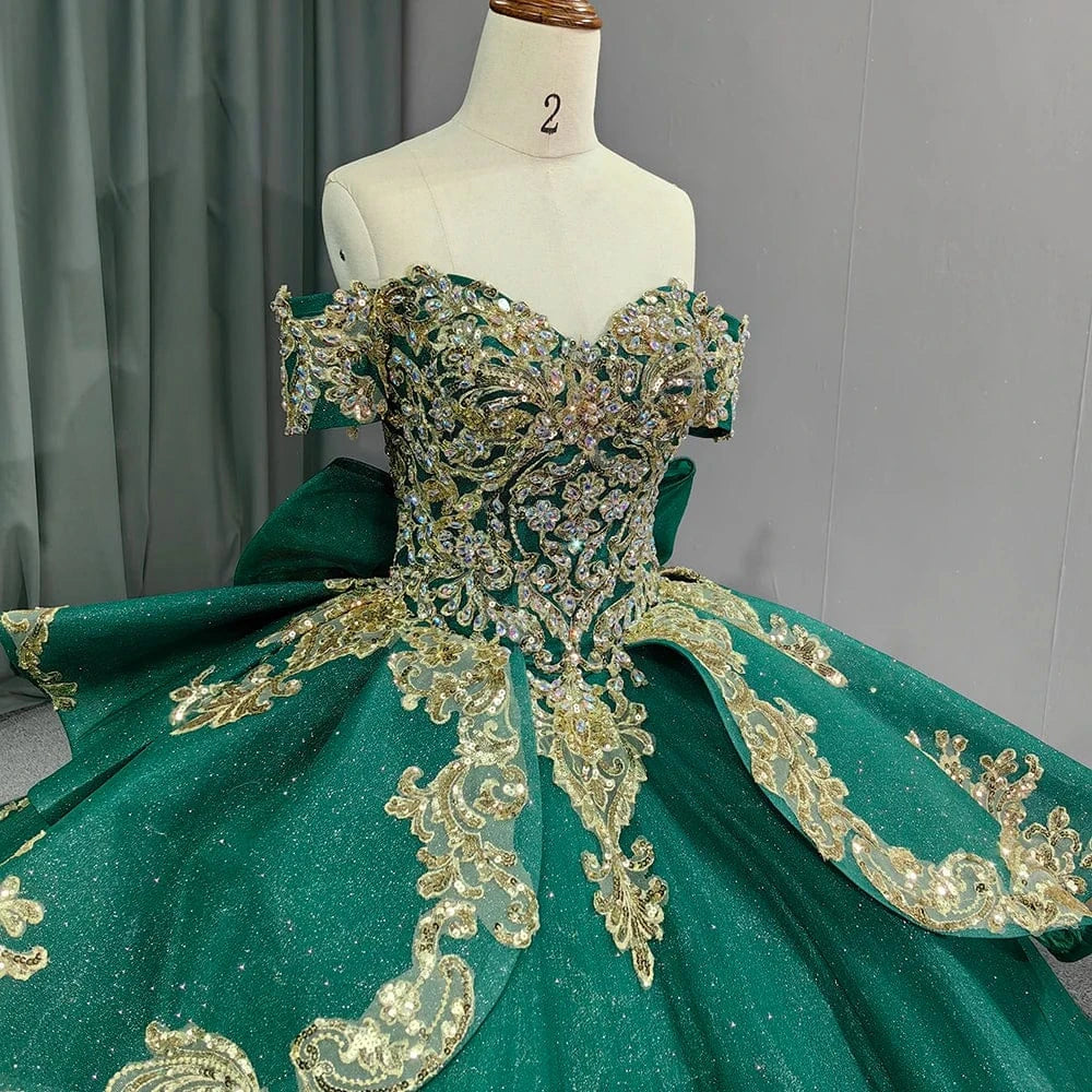 Green Sweet 15 16 Quinceanera Dresses Ball Gown Gold Lace Birthday Party Dresses 5841-1