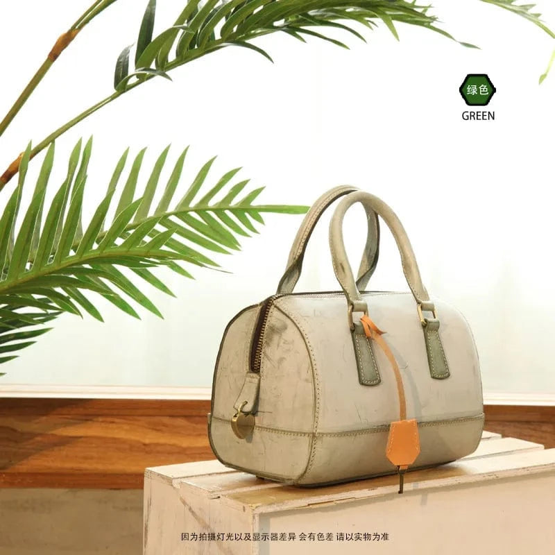 green Wholesale New Hand-Made Vegetable Tanned Leather Large Capacity Handbag Genuine  Leather Vintage Sweet Style Handbag For Women