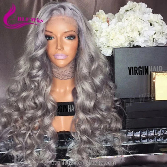 Grey Color Human Hair Lace Front Wig Water Wave Wholesale Brazilian Human Hair Wig