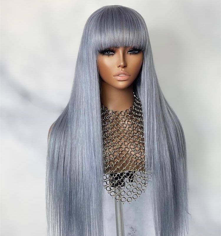 Grey Human Hair Wigs Ombre Colored Silver Lace Front Wig Transparent Straight Brazilian Lace Wigs For Black Women With Bangs
