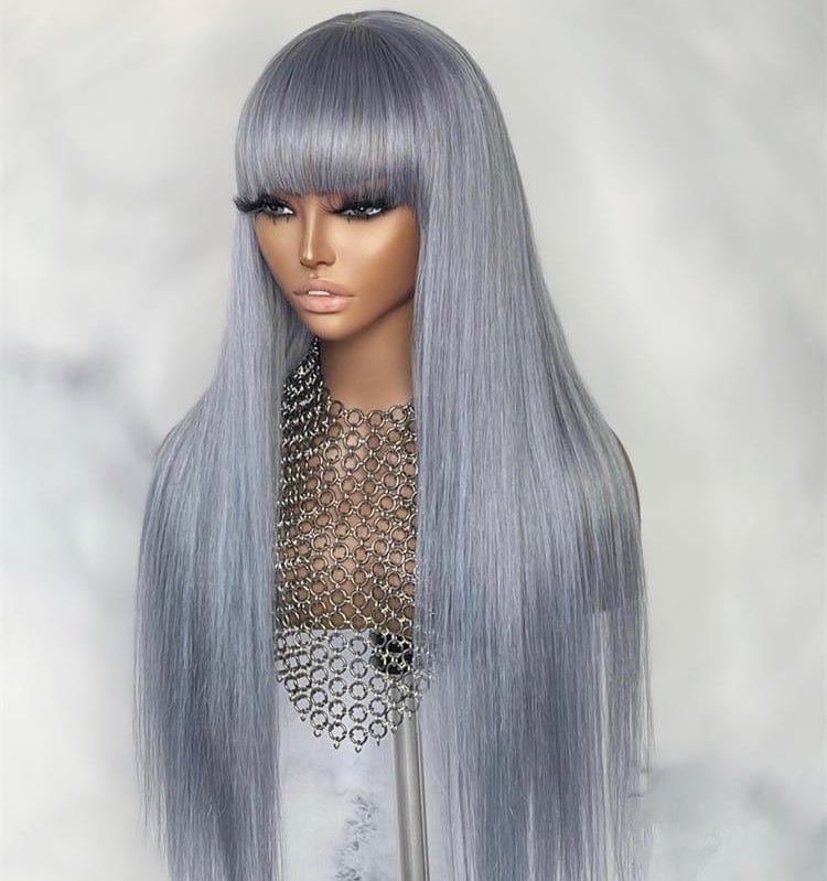 Grey Human Hair Wigs Ombre Colored Silver Lace Front Wig Transparent Straight Brazilian Lace Wigs For Black Women With Bangs