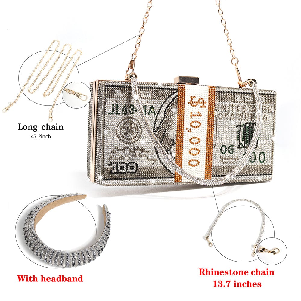 Grey Money Purse with Headband Set Custom Women bling diamond party skull handbag hand rhinestone Pumpkin ice cream clutch Butterfly owl Swan  purse evening bags