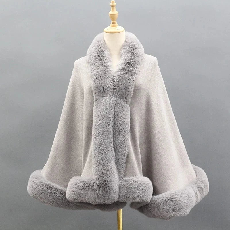 GREY Wholesale Black White Pink Beige Knitted Wool Cape Winter Fashion Warm Faux Fur Shawl
