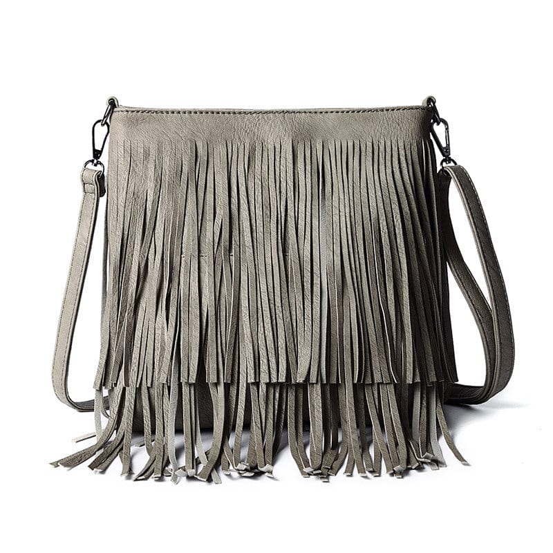 Grey Wholesale Zipper Vintage Women Fringe Tassel Crossbody Bag Faux Vegan PU Leather Shoulder tassel bag